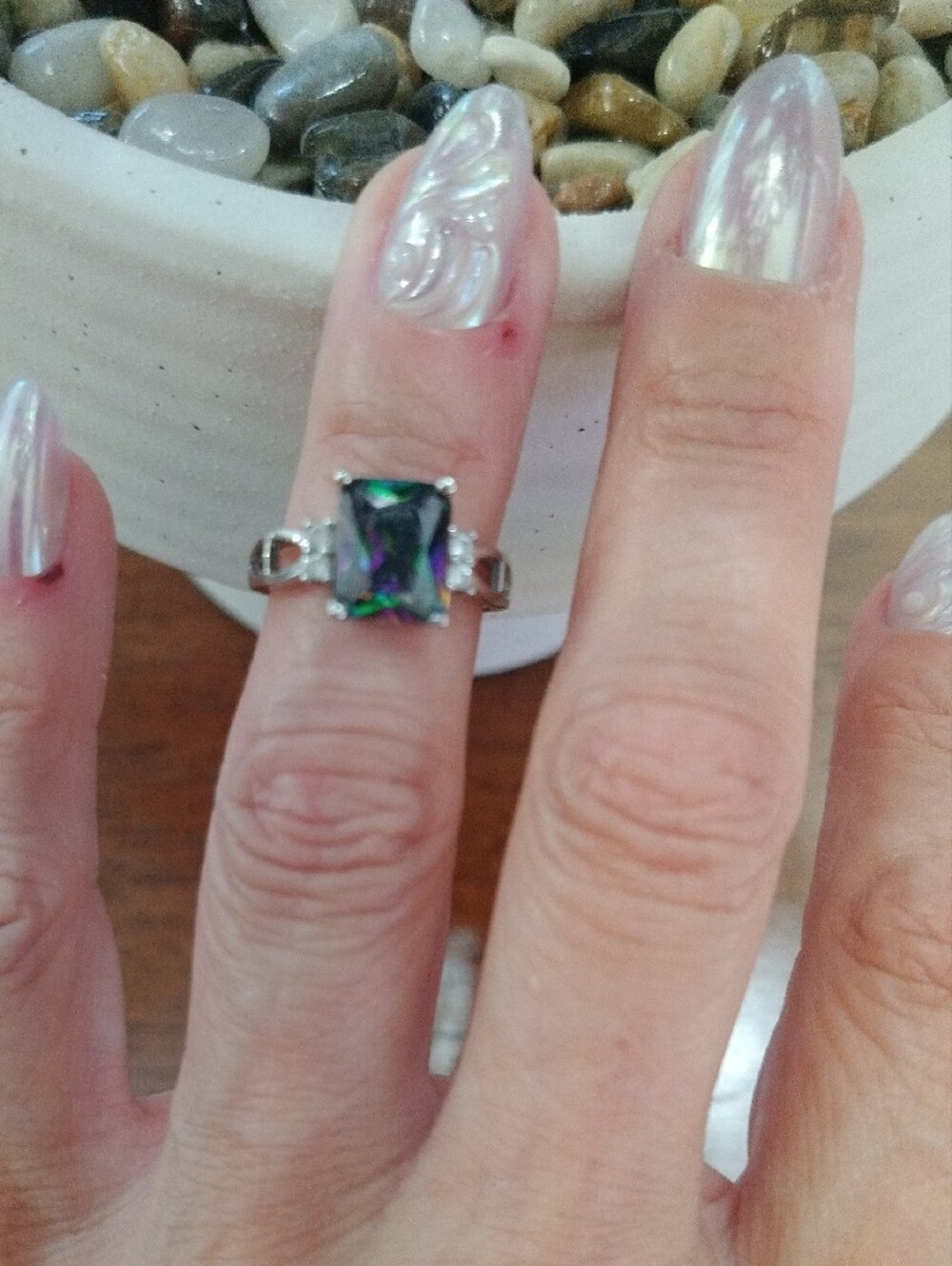 Mystic Topaz Emerald Cut Sterling Silver Ring - Iridescent Green/Purple/Multi